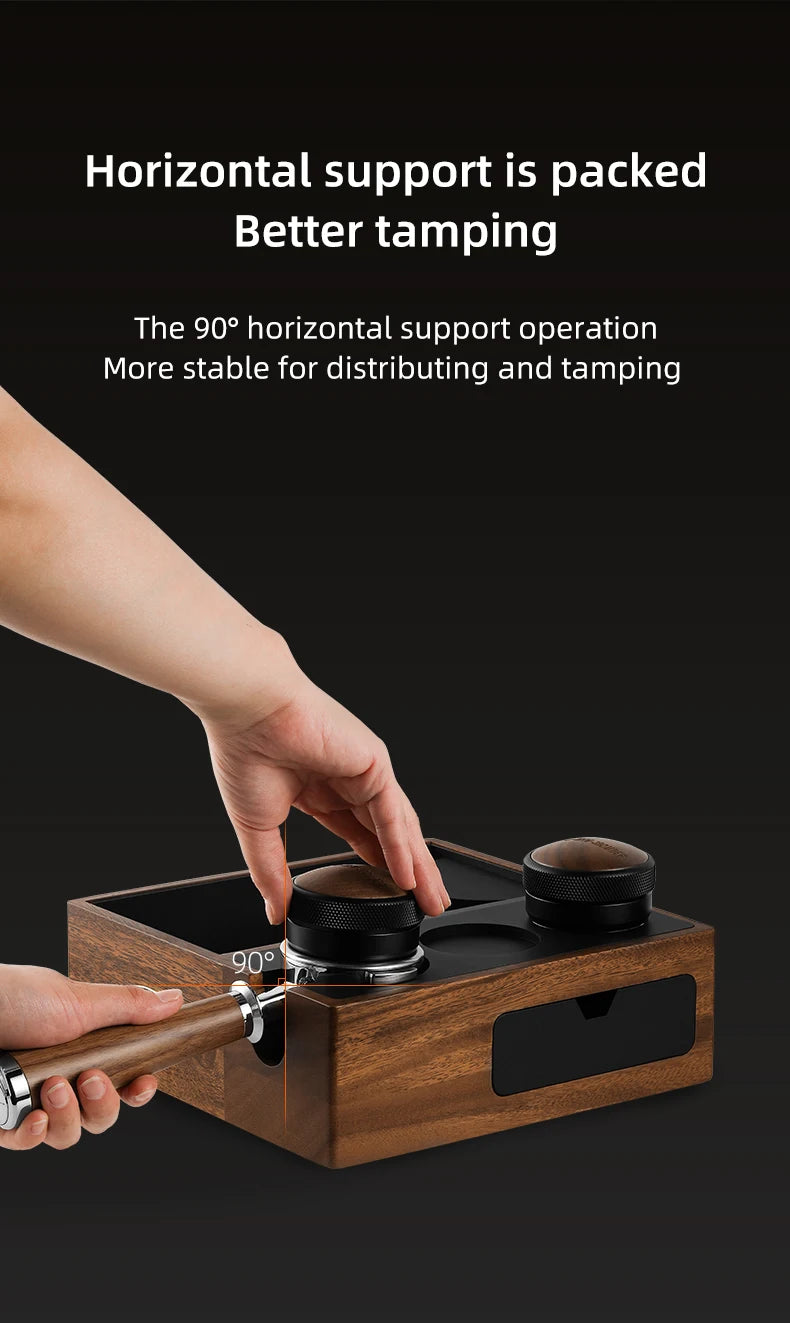 Espresso Wooden Tamping Station – 51–58mm Universal Portafilter Holder with Drawer Storage & Silicone Mat