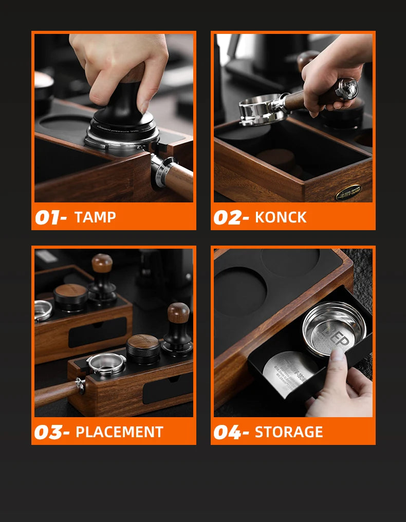 Espresso Wooden Tamping Station – 51–58mm Universal Portafilter Holder with Drawer Storage & Silicone Mat