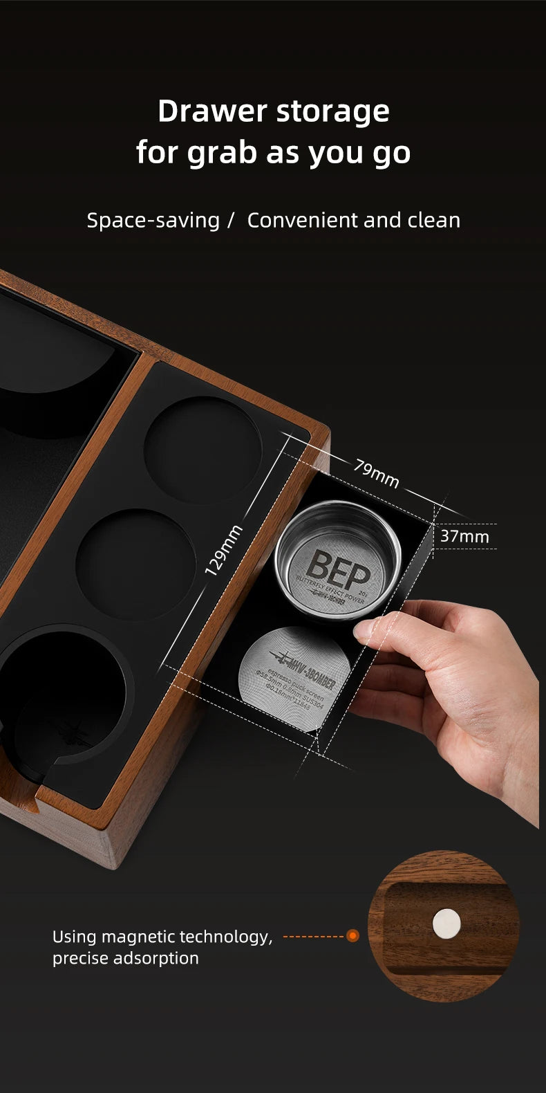 Espresso Wooden Tamping Station – 51–58mm Universal Portafilter Holder with Drawer Storage & Silicone Mat