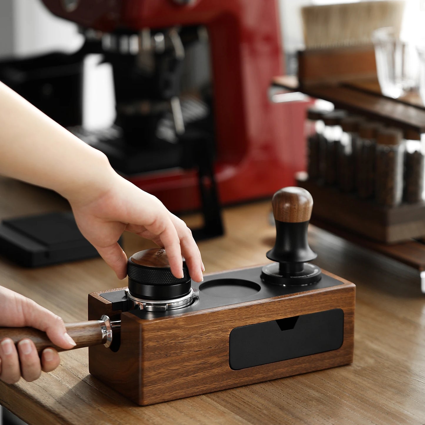 Espresso Wooden Tamping Station – 51–58mm Universal Portafilter Holder with Drawer Storage & Silicone Mat