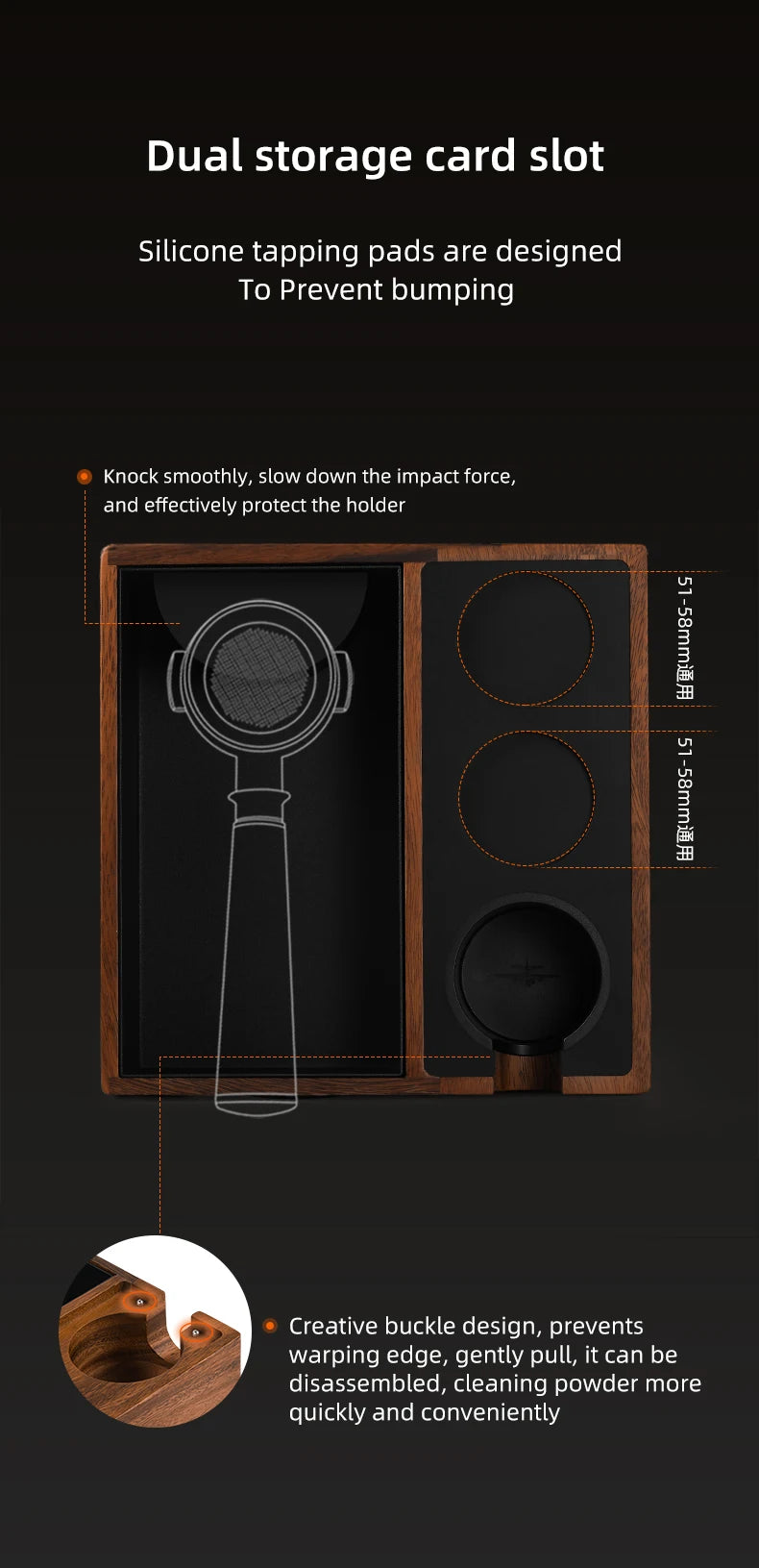 Espresso Wooden Tamping Station – 51–58mm Universal Portafilter Holder with Drawer Storage & Silicone Mat