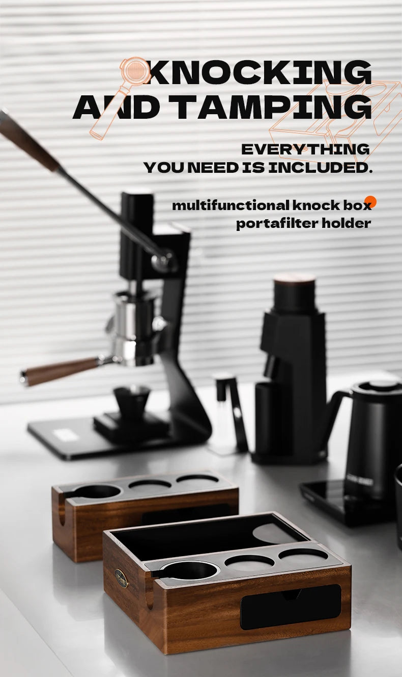 Multifunctional knock box and portafilter holder with text on a blurred coffee shop background
