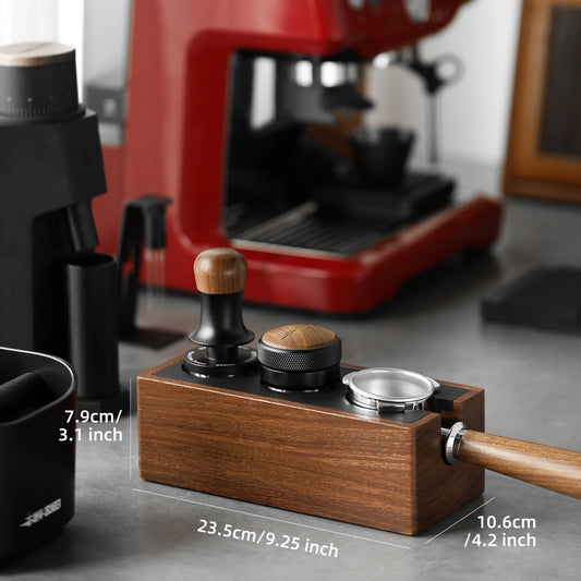 Espresso Wooden Tamping Station – 51–58mm Universal Portafilter Holder with Drawer Storage & Silicone Mat