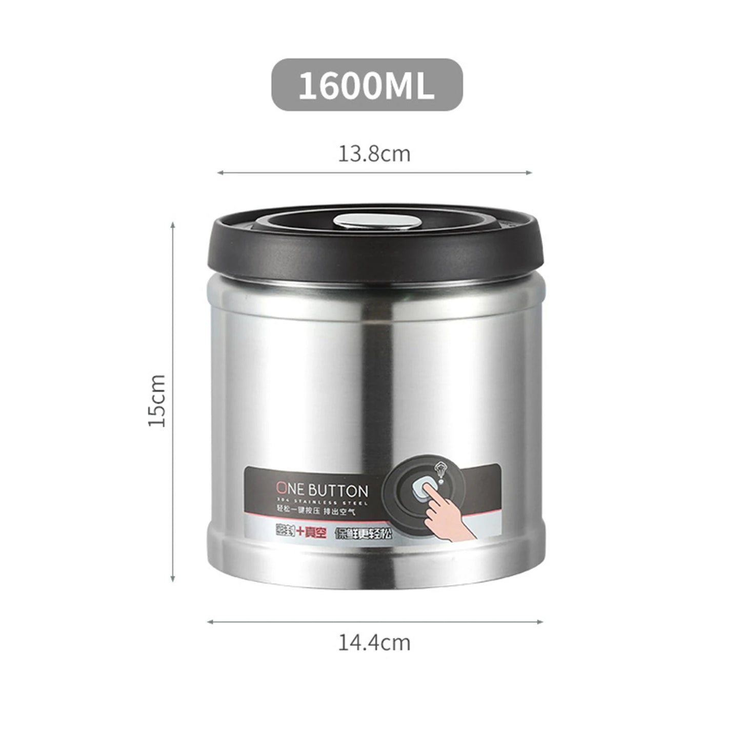 Stainless steel thermos with dimensions labeled on a white background
