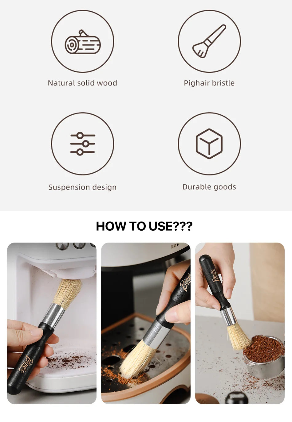 Brewin Vintage Coffee Brush – Solid Wood Grinder & Espresso Machine Cleaning Tool