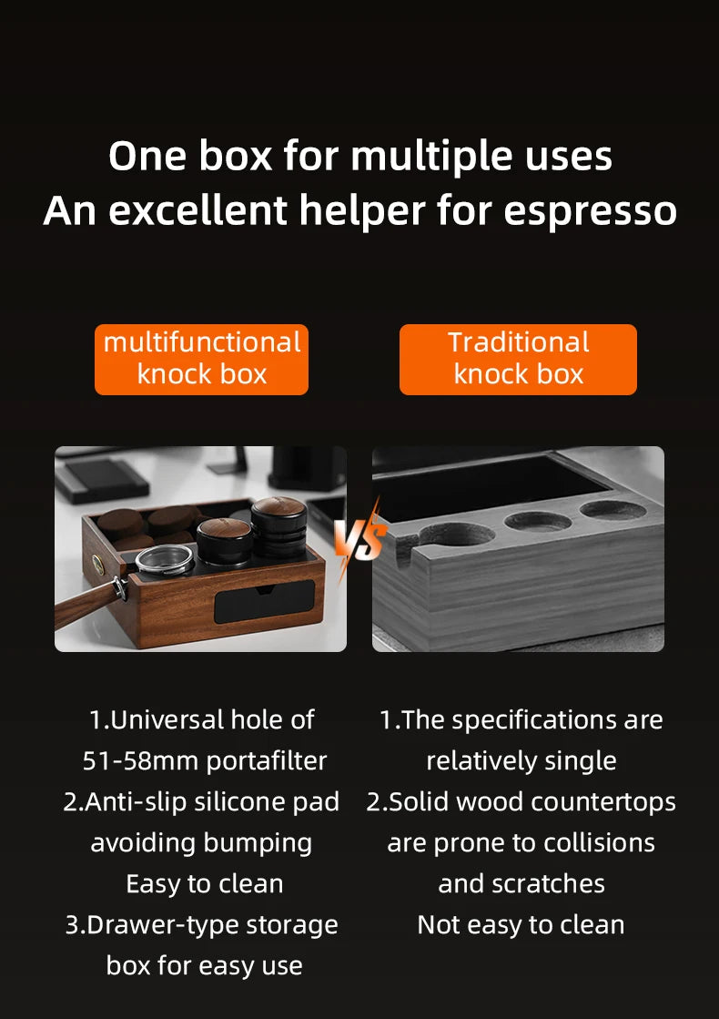 Espresso Wooden Tamping Station – 51–58mm Universal Portafilter Holder with Drawer Storage & Silicone Mat