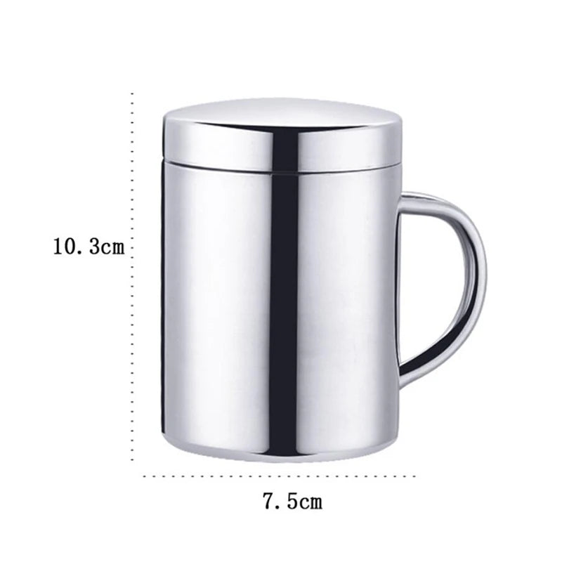 Silver mug with dimensions labeled on a white background