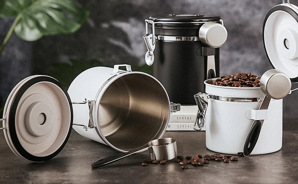 1800ml Coffee Canister Airtight 22oz Coffee Container Stainless Steel Coffee Bean Storage Container with Scoop for Beans Black