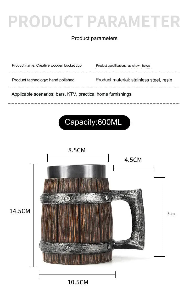 Brewin Wooden Barrel Coffee Mug – 600ml Stainless Steel Liner