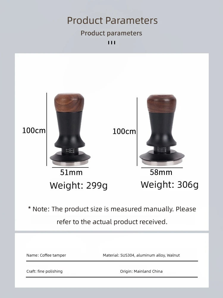 Brewin Adjustable Espresso Coffee Tamper - Walnut Handle , Spring Design, 304 Stainless Steel Base