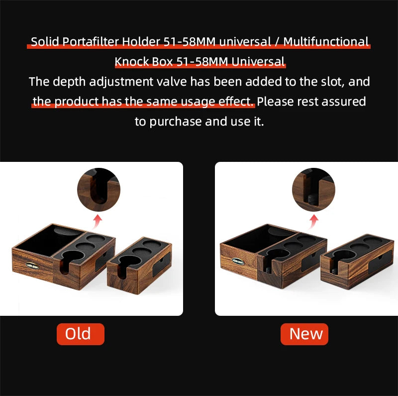 Comparison of an old and new solid portafilter holder with text on a black background.