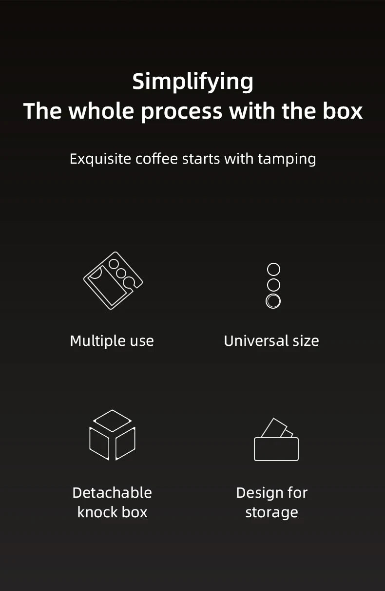 Black background with white text and icons describing features of a coffee tamping box.