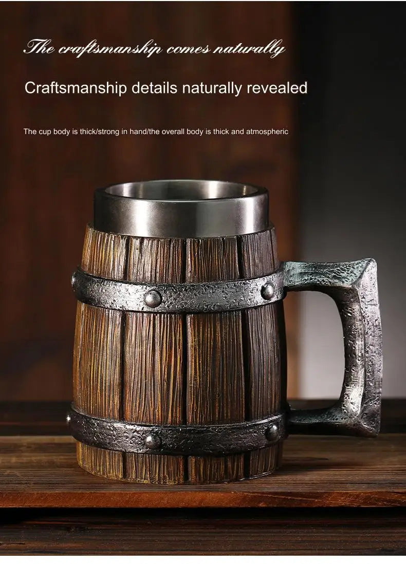 Brewin Wooden Barrel Coffee Mug – 600ml Stainless Steel Liner